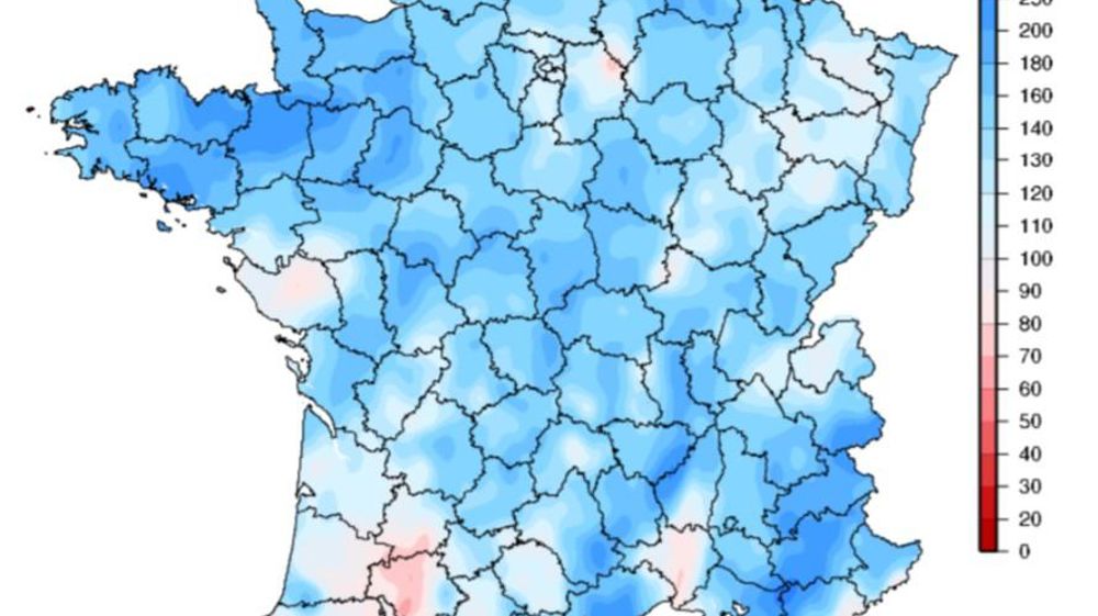 Rapport à la normale 1981-2010 du cumul des précipitations en octobre 2019. © Météo-France